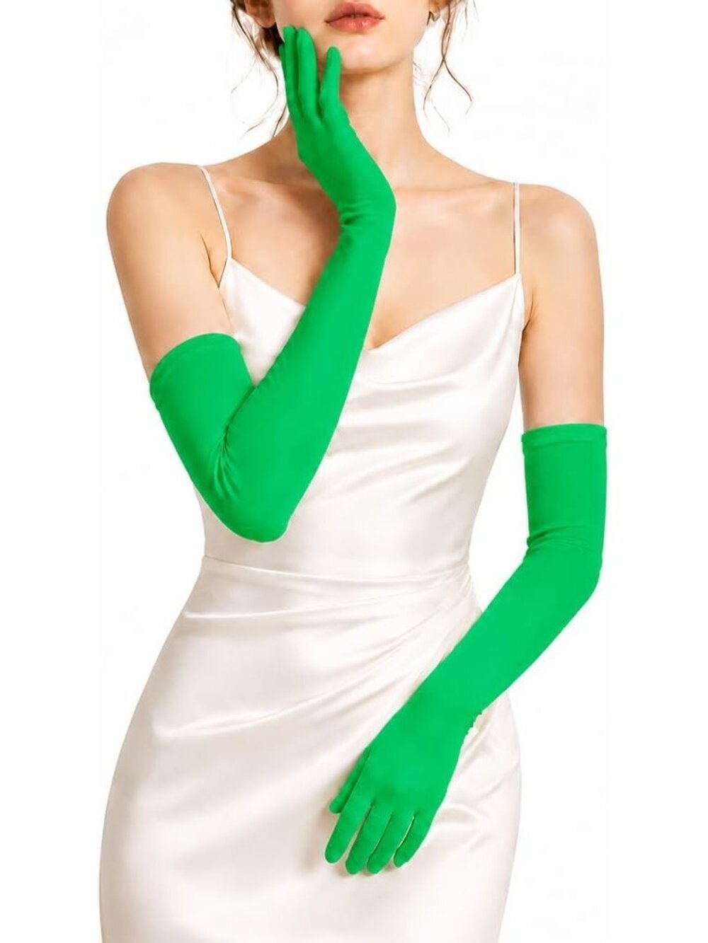 Women's Green Elastic Sun Protection Elbow Length Matte Long Opera Party Gloves